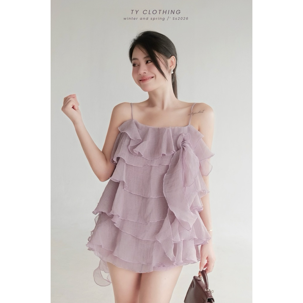 Set Bèo Tua Rua Dây Thắc Nơ Tầng Tím - Hàng Thiết Kế - Kèm quần - TY CLOTHING