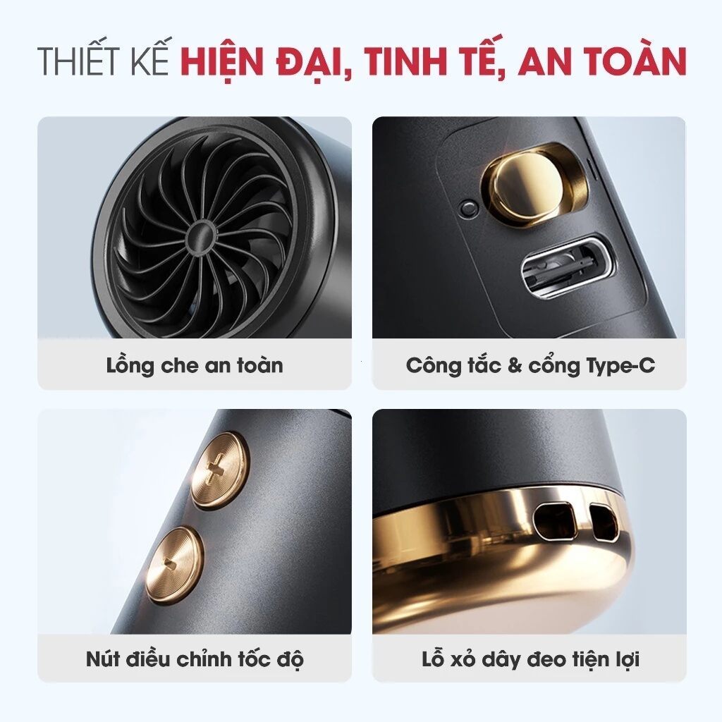 Quạt Cầm Tay Mini Sạc Pin, Cấp Độ Gió Mạnh Dung Lượng Pin 5000mAh Màn Hình Led Hiển Thị