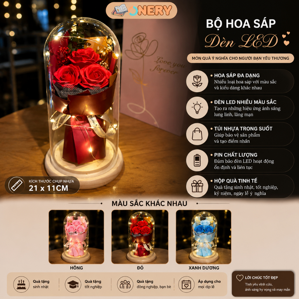 Bộ hoa bất tử mini với đèn LED và túi quà tặng Pin hoa hồng bất tử Quà tặng Valentine 8/3