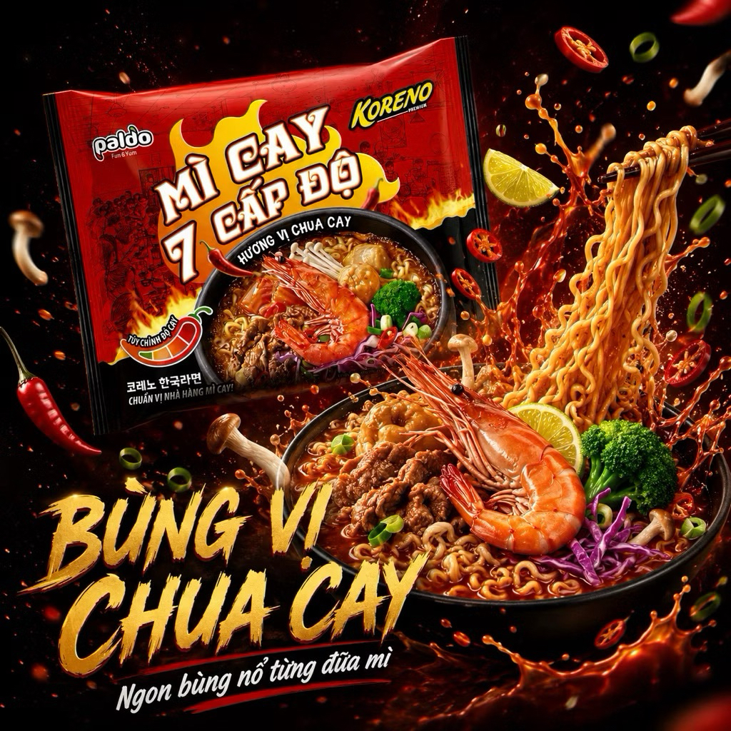 [DATE MỚI] 1 Thùng Mì Cay Koreno 7 Cấp Độ Mẫu Mới 24 Gói x 104G