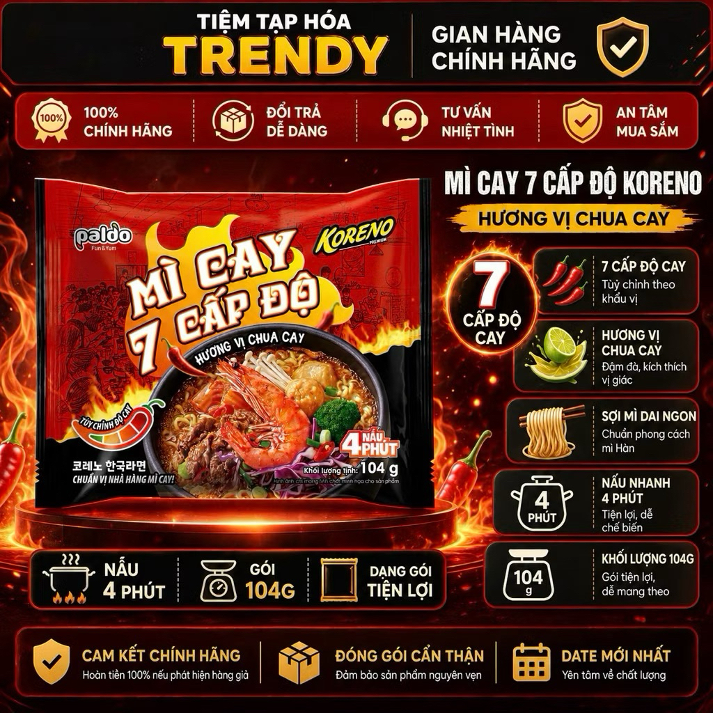 [DATE MỚI] 1 Thùng Mì Cay Koreno 7 Cấp Độ Mẫu Mới 24 Gói x 104G