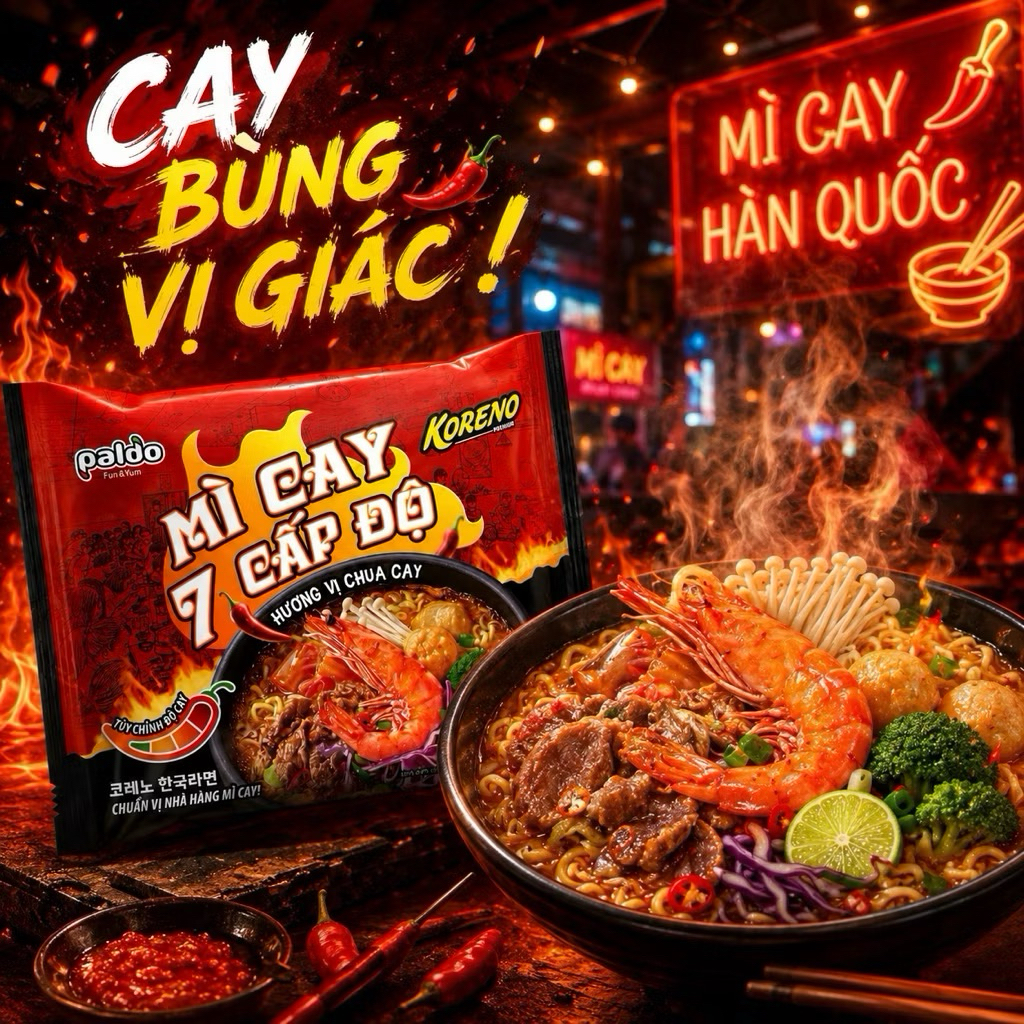 [DATE MỚI] 1 Thùng Mì Cay Koreno 7 Cấp Độ Mẫu Mới 24 Gói x 104G