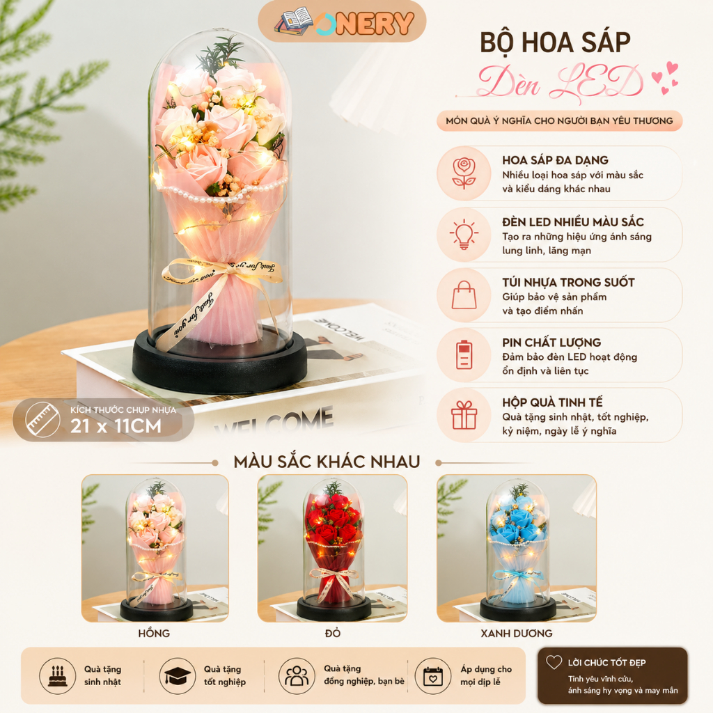 Bộ hoa bất tử mini với đèn LED và túi quà tặng Pin hoa hồng bất tử Quà tặng Valentine 8/3