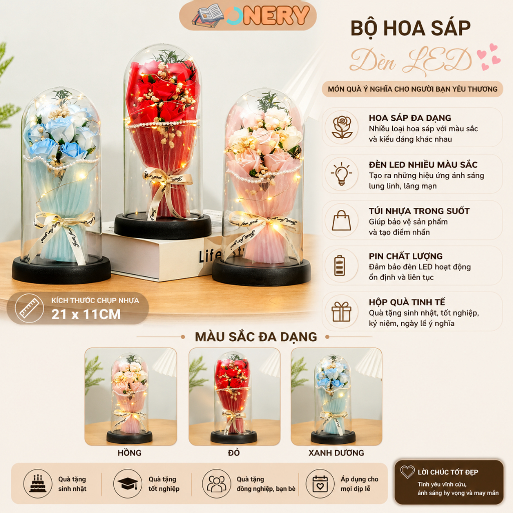 Bộ hoa bất tử mini với đèn LED và túi quà tặng Pin hoa hồng bất tử Quà tặng Valentine 8/3