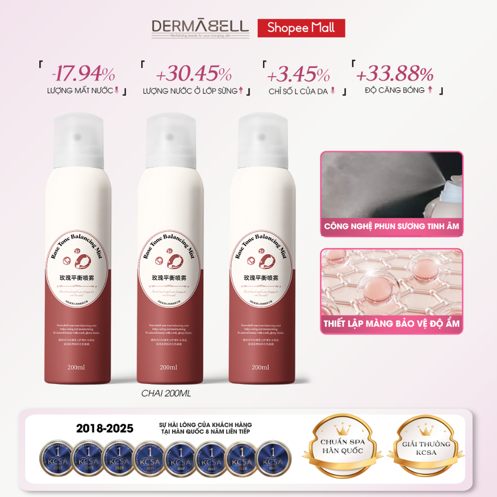 Xịt Khoáng Hoa Hồng DERMABELL Dưỡng Ẩm Làm Dịu Da Cho Làn Da Rạng Rỡ Rose Toner Balancing Mist 200ml