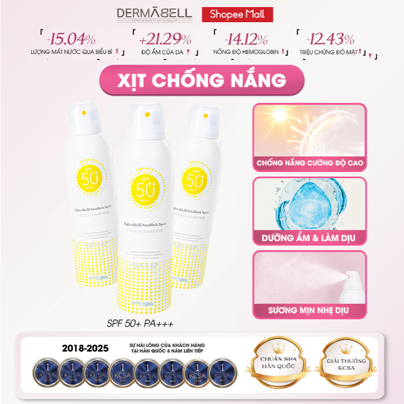 Xịt Chống Nắng Dermabell 150ml - Hỗ Trợ Cấp Ẩm, Làm Dịu Da