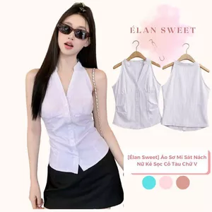 Áo Sơ Mi Sát Nách Nữ Kẻ Sọc Cổ Tàu Chữ V - Áo Kiểu Ba Lỗ Công Sở Chiết Eo Tôn Dáng