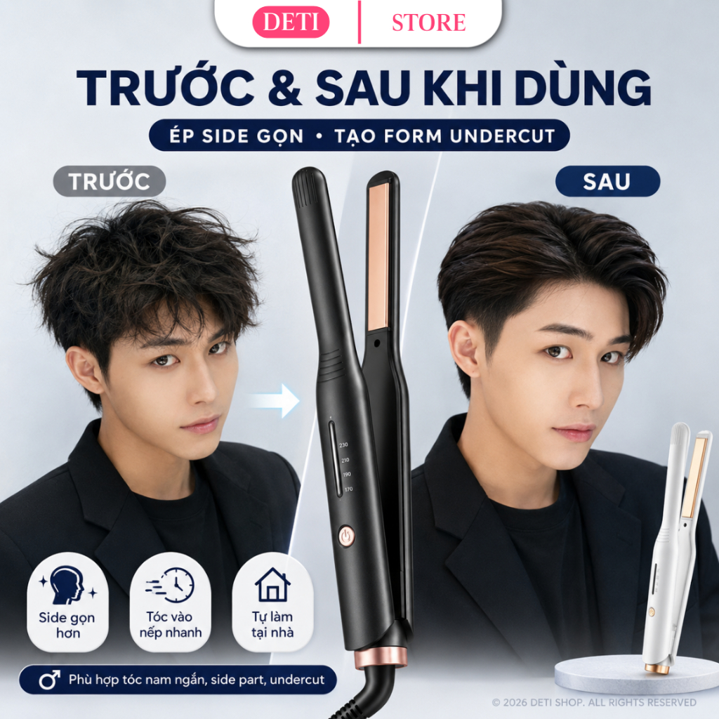 Máy Duỗi Tóc Nam Nữ Mini Bản Kẹp 1cm Có Chỉnh Nhiệt, Máy Uốn Tóc Nam Nữ Bản Nhỏ Cho Tóc Tém Tóc Ngắn Kẹp Mái Tạo Kiểu