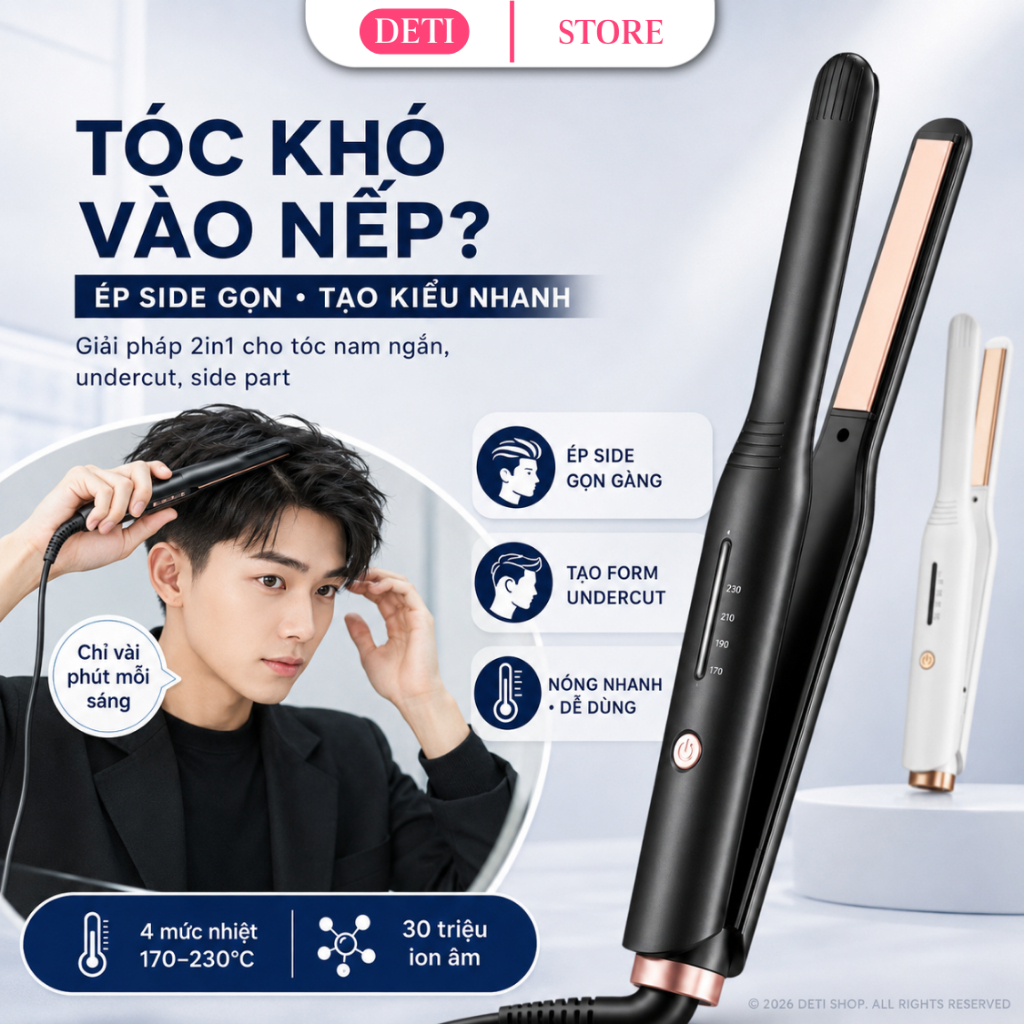 Máy Duỗi Tóc Nam Nữ Mini Bản Kẹp 1cm Có Chỉnh Nhiệt, Máy Uốn Tóc Nam Nữ Bản Nhỏ Cho Tóc Tém Tóc Ngắn Kẹp Mái Tạo Kiểu