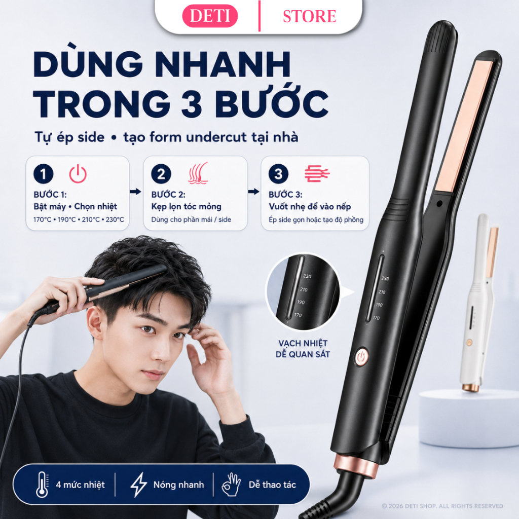Máy Duỗi Tóc Nam Nữ Mini Bản Kẹp 1cm Có Chỉnh Nhiệt, Máy Uốn Tóc Nam Nữ Bản Nhỏ Cho Tóc Tém Tóc Ngắn Kẹp Mái Tạo Kiểu