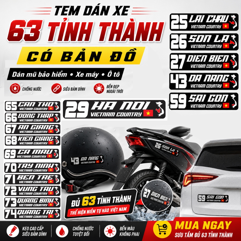 Tem Tỉnh Thành Việt Nam, Tem Dán Xe Performance 63 Tỉnh Thành, Chất Liệu UV DTF Cao Cấp, Chống Nước