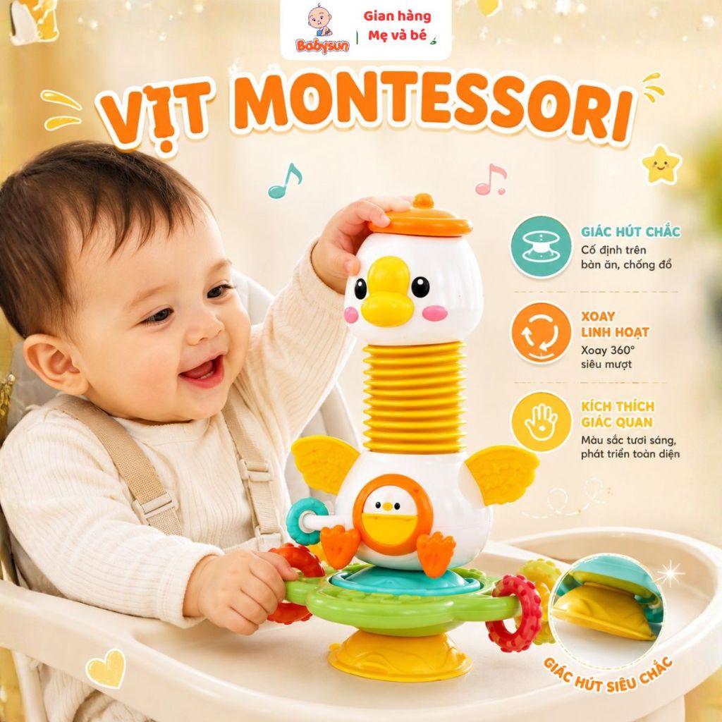 Đồ Chơi cho bé sơ sinh Vịt Montessori để bàn ăn BABYSUN – Đồ chơi giáo dục sớm có nhạc phát triển giác quan và kỹ năng