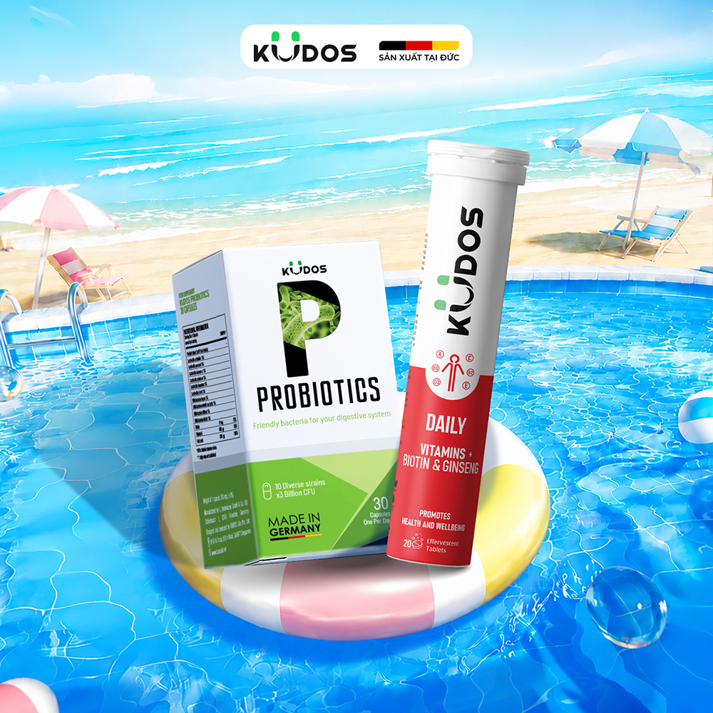 Combo TPBVSK Viên uống men vi sinh KUDOS PROBIOTICS bổ sung lợi khuẩn đường ruột + Viên sủi KUDOS DAILY vitamin tổng hợp