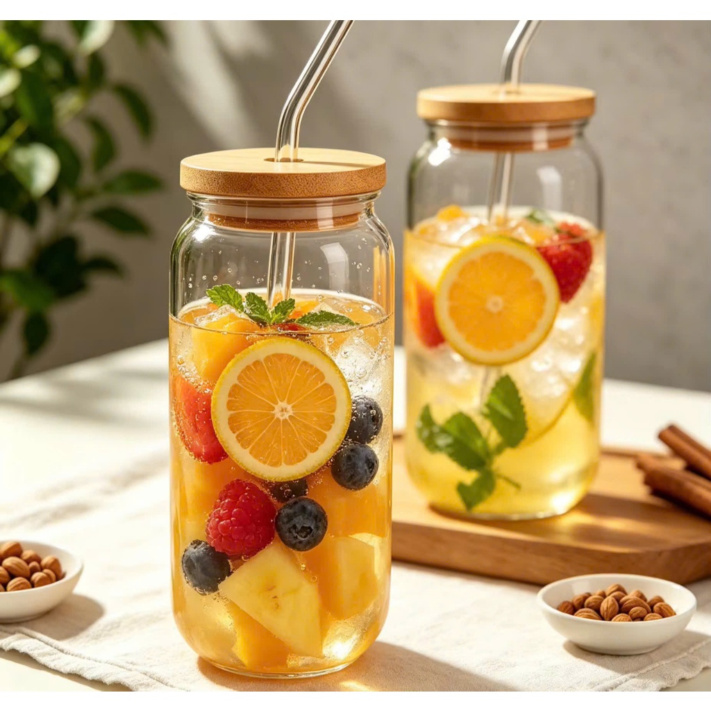Ly Thủy Tinh Chịu Nhiệt có Nắp Tre và Có Ống Hút Thủy Tinh 500ml - Gia dụng Thu Hương
