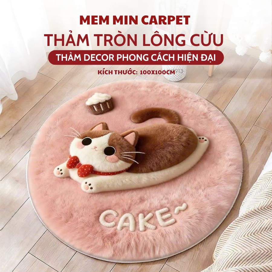 Thảm tròn lông mềm mịn đế dệt , thảm tròn decor, thảm hoạ tiết hoạt hình dễ thương đáng yêu - Memmincarpet - TH102