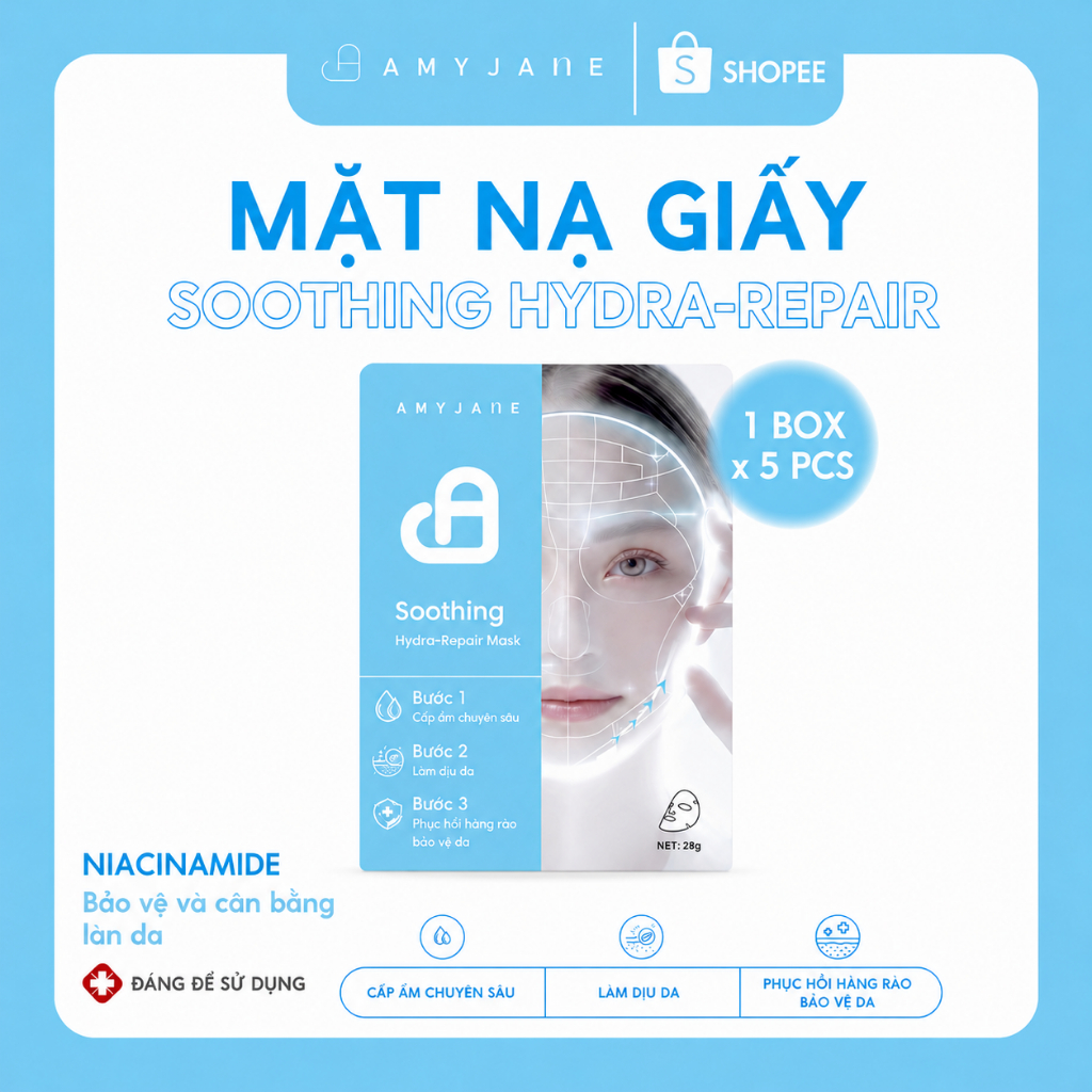 AMYJANE Mặt Nạ Giấy Soothing Hydra-Repair Ceramide Cấp Ẩm Làm Dịu Phục Hồi Hàng Rào Ẩm Cho Da Nhạy Cảm Chính Hãng 30mlx5