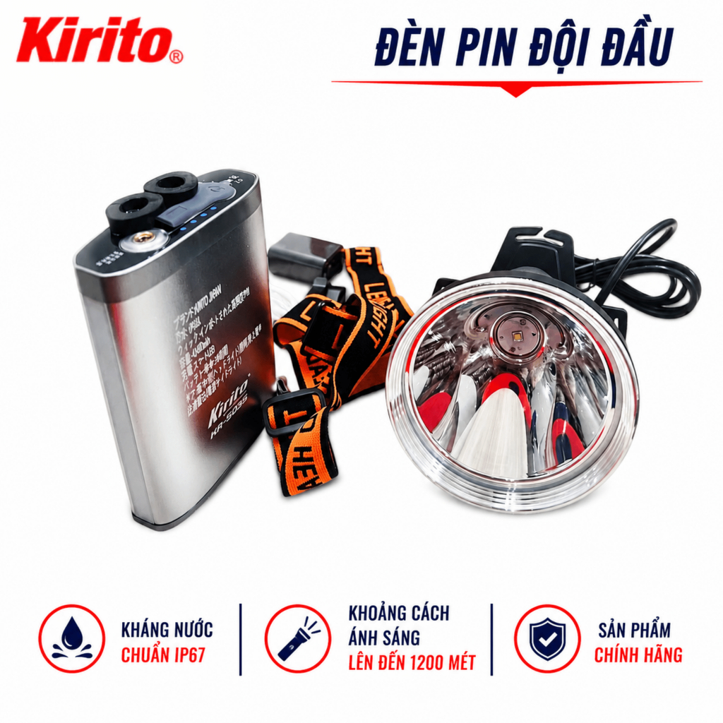 Đèn Pin Đội Đầu Siêu Sáng Chống Nước IP67 Kirito - Chiếu Xa Đến 1200m - Sáng Liên Tục 24H