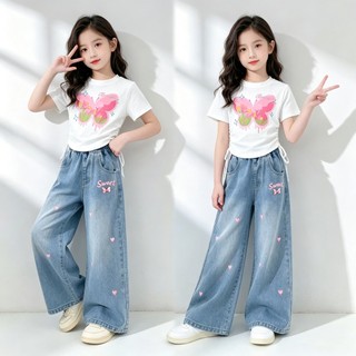 QuầN Jeans Bé GáI Cao CấP ỐNg RộNg ThêU Tim LưNg Thun ThoáNg Khí QuầN Jean Bé GáI
