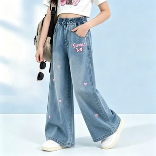 QuầN Jeans Bé GáI Cao CấP ỐNg RộNg ThêU Tim LưNg Thun ThoáNg Khí QuầN Jean Bé GáI