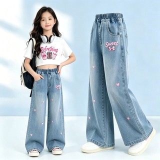 QuầN Jeans Bé GáI Cao CấP ỐNg RộNg ThêU Tim LưNg Thun ThoáNg Khí QuầN Jean Bé GáI