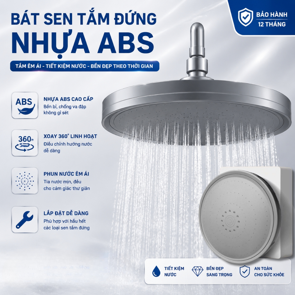 Bộ Bát Sen Tắm Đứng QMS, Bát Sen Nóng Lạnh Nhựa ABS 23cm 6 Chế Độ Tăng Áp, Xoay 360 Độ - TS074