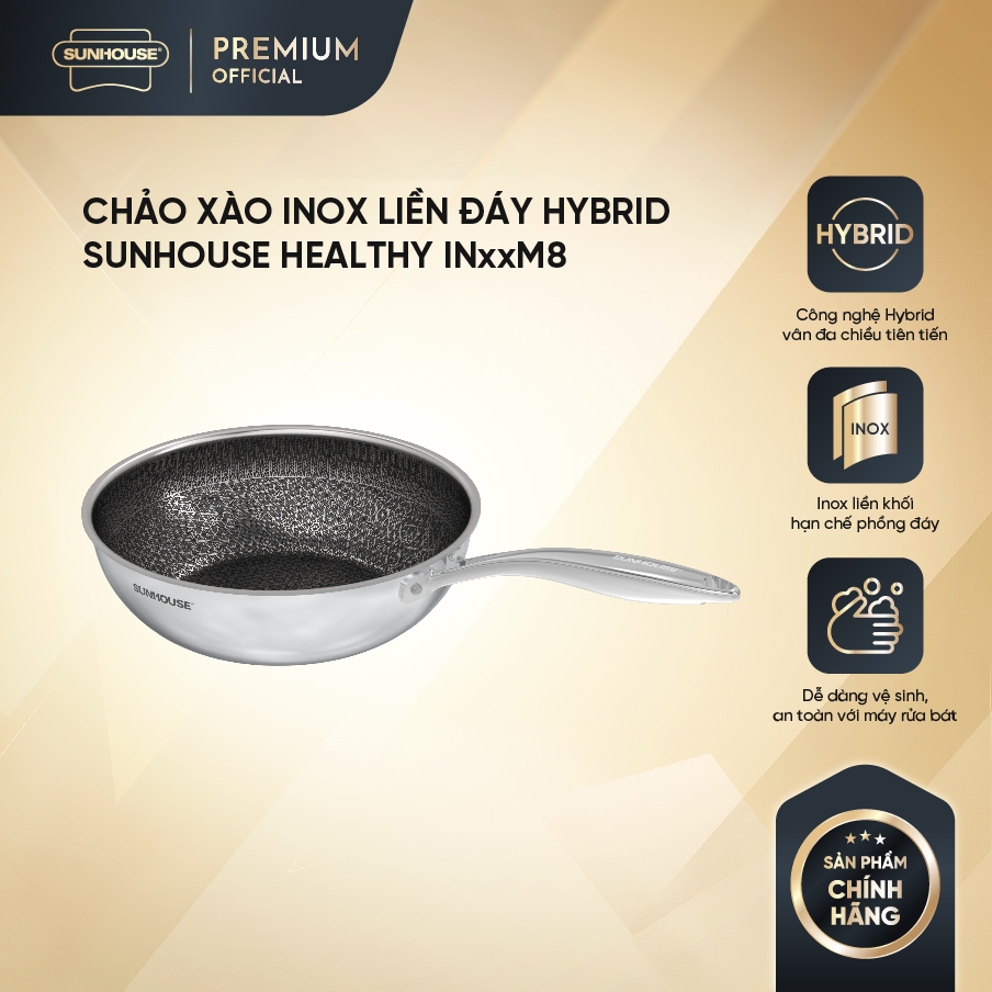 Chảo xào Inox liền đáy Hybrid SUNHOUSE INxxM8
