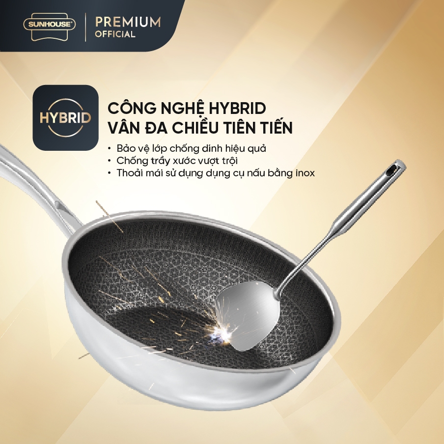 Chảo xào Inox liền đáy Hybrid SUNHOUSE INxxM8