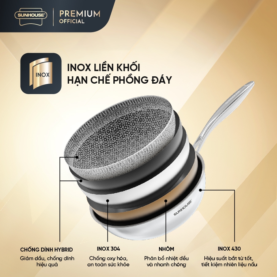 Chảo xào Inox liền đáy Hybrid SUNHOUSE INxxM8
