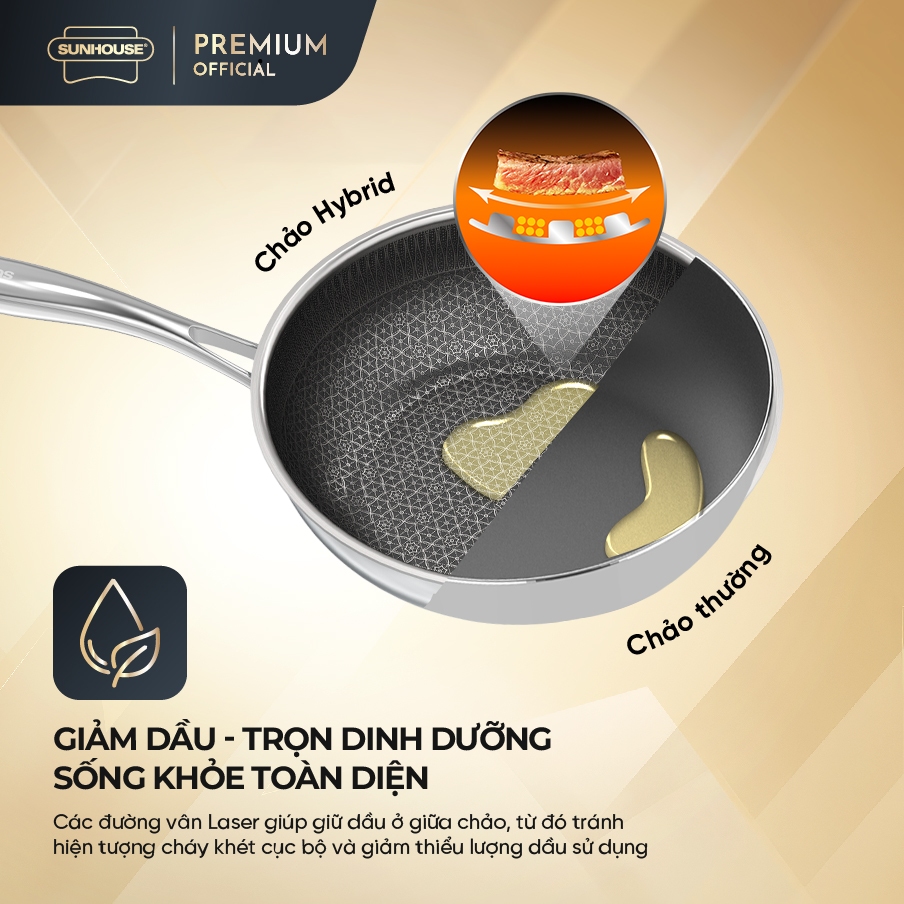 Chảo xào Inox liền đáy Hybrid SUNHOUSE INxxM8