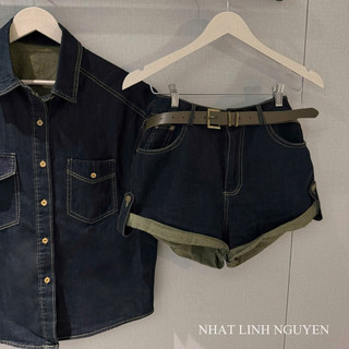 (SẴN L=M) Set Jeans Bò Áo Tay Hến Mix Sooc Đai QC