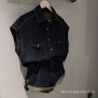 (SẴN L=M) Set Jeans Bò Áo Tay Hến Mix Sooc Đai QC