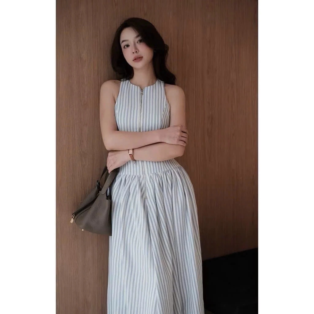 (Sẵn Hỏa Tốc) Váy Maxi Kẻ Xanh Sát Nách Khóa Đồng Chất Thô Cotton Hàn 2 Lớp Chất Xịn Đẹp Hàng Thiết Kế Cho Nữ