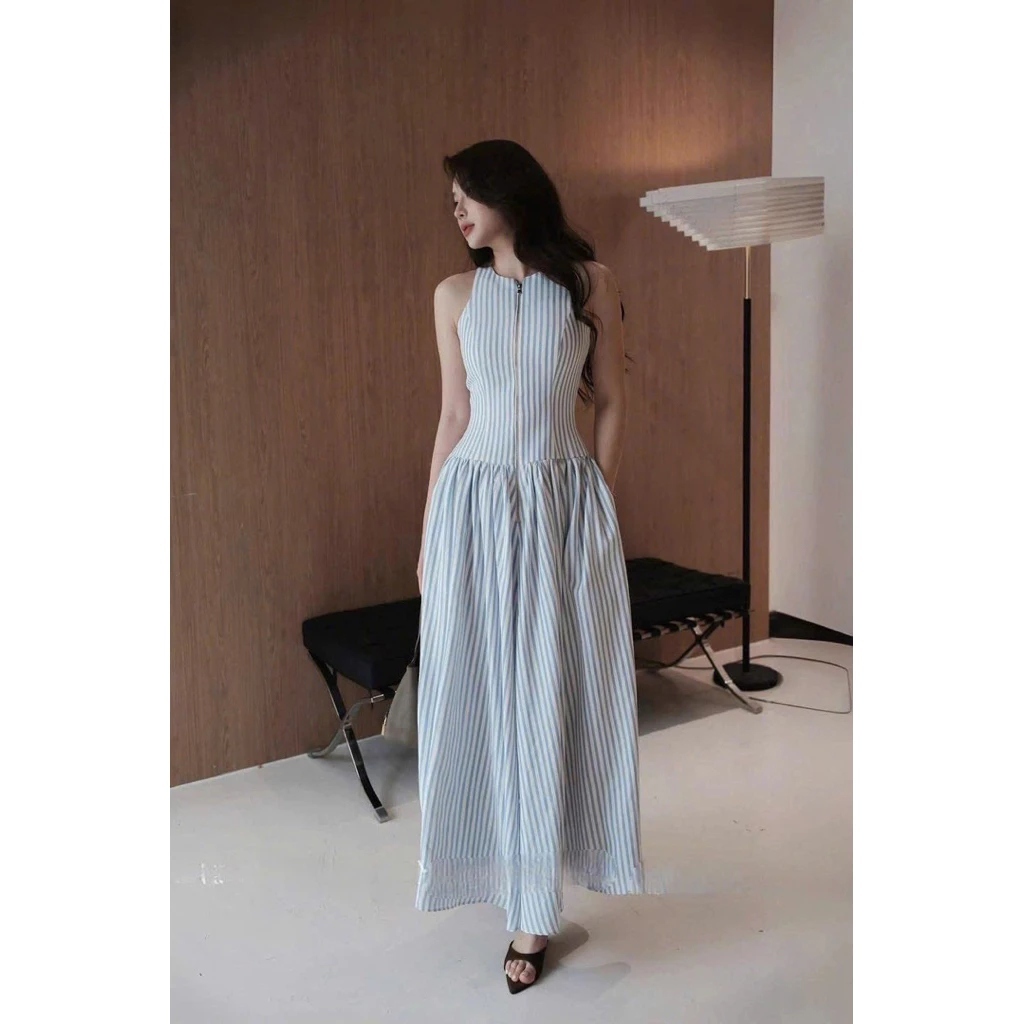 (Sẵn Hỏa Tốc) Váy Maxi Kẻ Xanh Sát Nách Khóa Đồng Chất Thô Cotton Hàn 2 Lớp Chất Xịn Đẹp Hàng Thiết Kế Cho Nữ