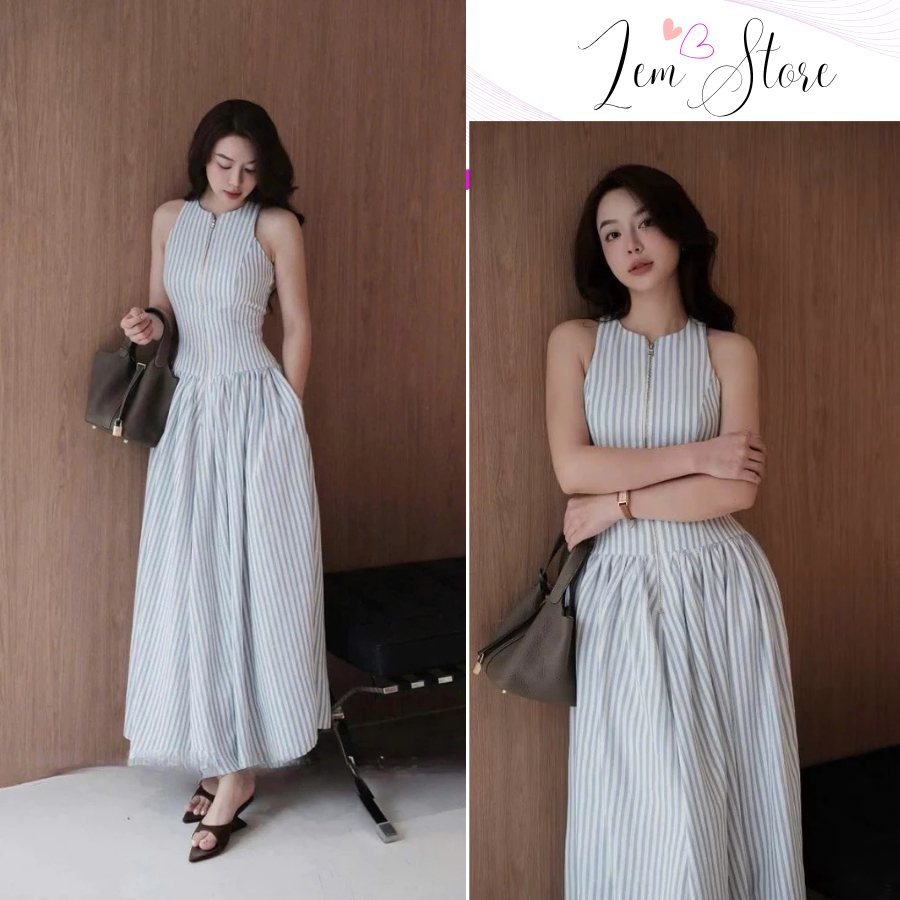 (Sẵn Hỏa Tốc) Váy Maxi Kẻ Xanh Sát Nách Khóa Đồng Chất Thô Cotton Hàn 2 Lớp Chất Xịn Đẹp Hàng Thiết Kế Cho Nữ