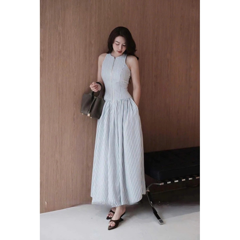 (Sẵn Hỏa Tốc) Váy Maxi Kẻ Xanh Sát Nách Khóa Đồng Chất Thô Cotton Hàn 2 Lớp Chất Xịn Đẹp Hàng Thiết Kế Cho Nữ