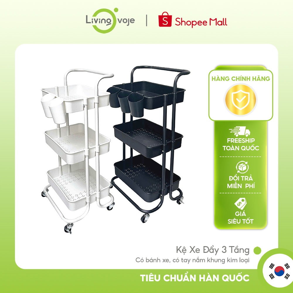 Kệ Xe Đẩy 3 Tầng Living Ovoje Có Bánh Xe Kệ Bỉm Sữa Có Tay Nắm Khung Kim Loại