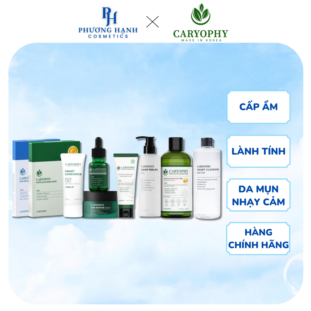 Bộ Chăm Sóc Phục Hồi Da Mụn Caryophy Mặt Nạ, Toner, Serum, Kem Dưỡng, Gel Tẩy Da Chết, Tẩy Trang, Sữa Rửa Mặt Hàn Quốc