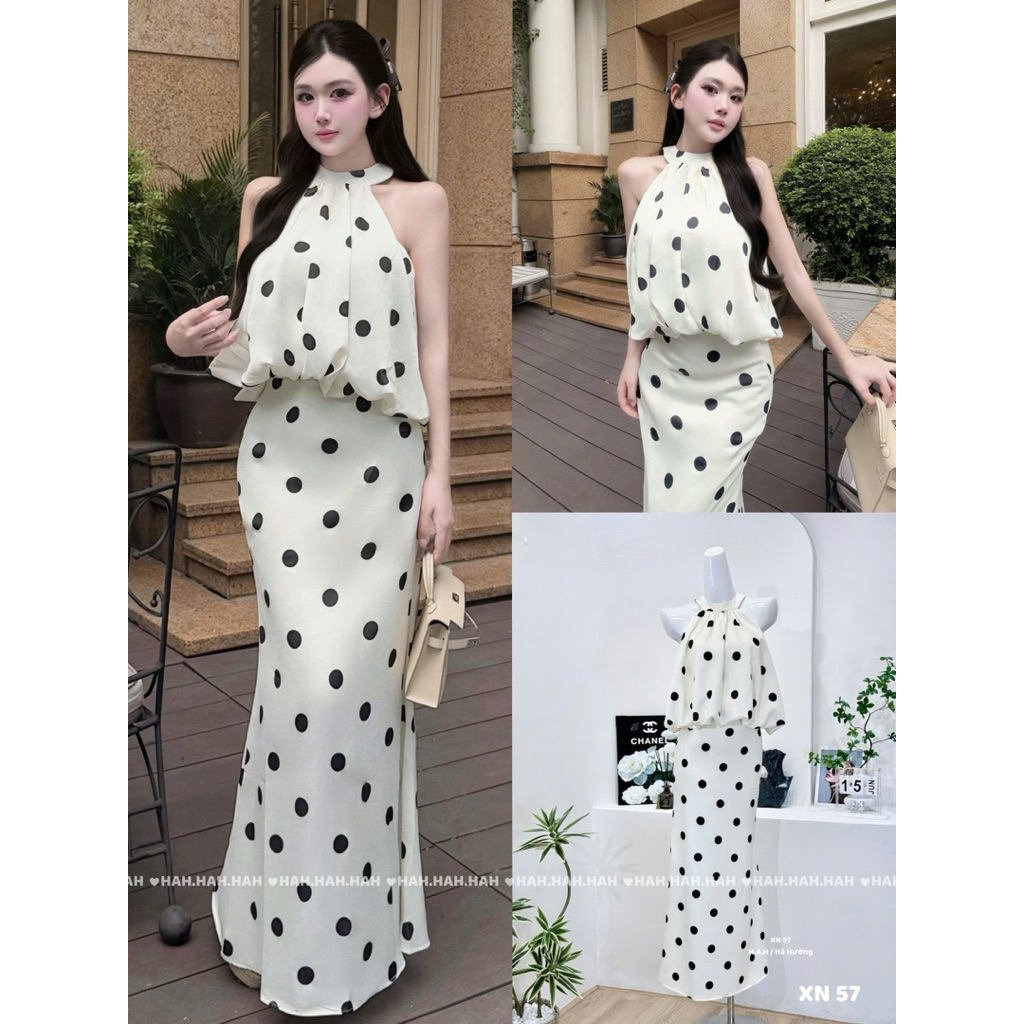 Set váy chấm bi cổ yếm dáng dài siu xinh tôn dáng