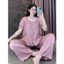 Đồ Bộ Nữ Mặc Nhà Vải Lụa Latin Quần Dài Áo Cộc Tay Phối Bèo Cổ Ren Sang Trọng Pijama CD03