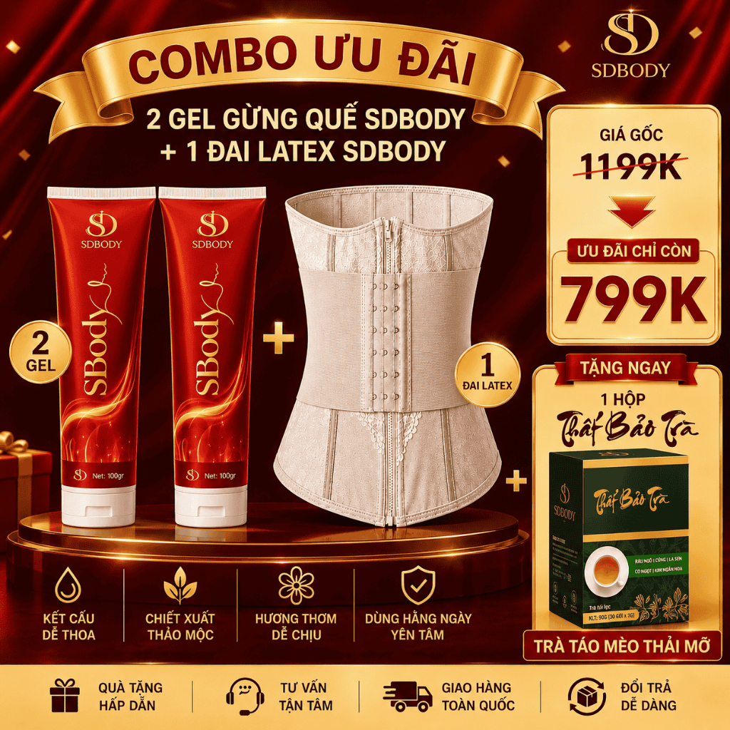 COMBO 2 GEL GỪNG QUẾ + 1 ĐAI LATEX SDBODY TẶNG 1 TRÀ TÁO MÈO THẢI MỠ