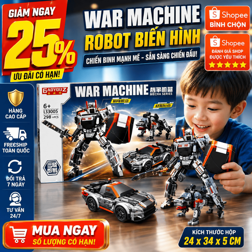 Đồ Chơi Lắp Ráp Robot Biến Hình 3 Trong 1 - War Machine 298 Chi Tiết Robot Mecha Cho Bé