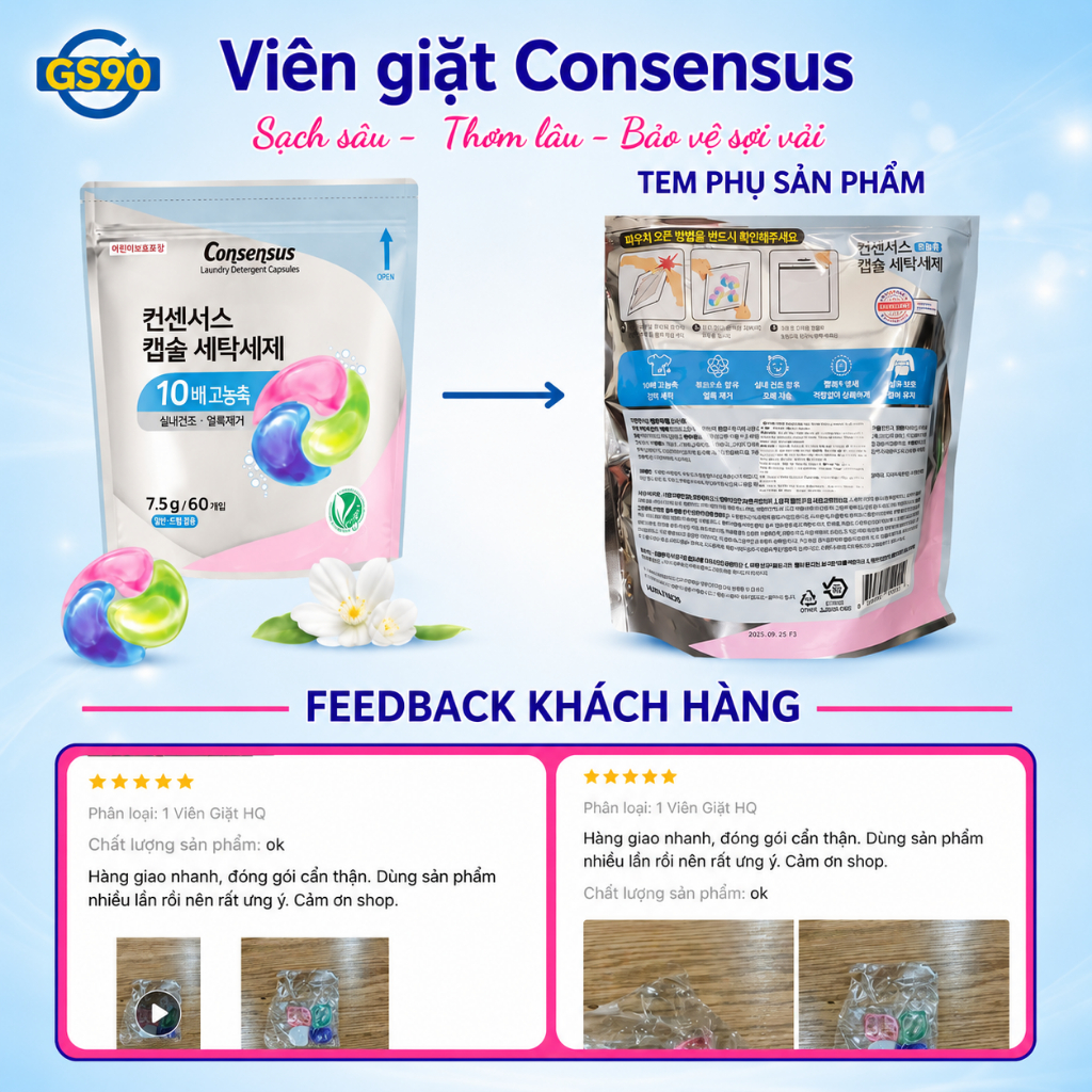 [ƯU ĐÃI THÁNG 7] Viên Giặt Xả Consensus Hàn Quốc Thuần Chay 30/60 Viên, Cho Em Bé, Gấp 10 Lần Sạch, Dịu Nhẹ Da Nhạy Cảm