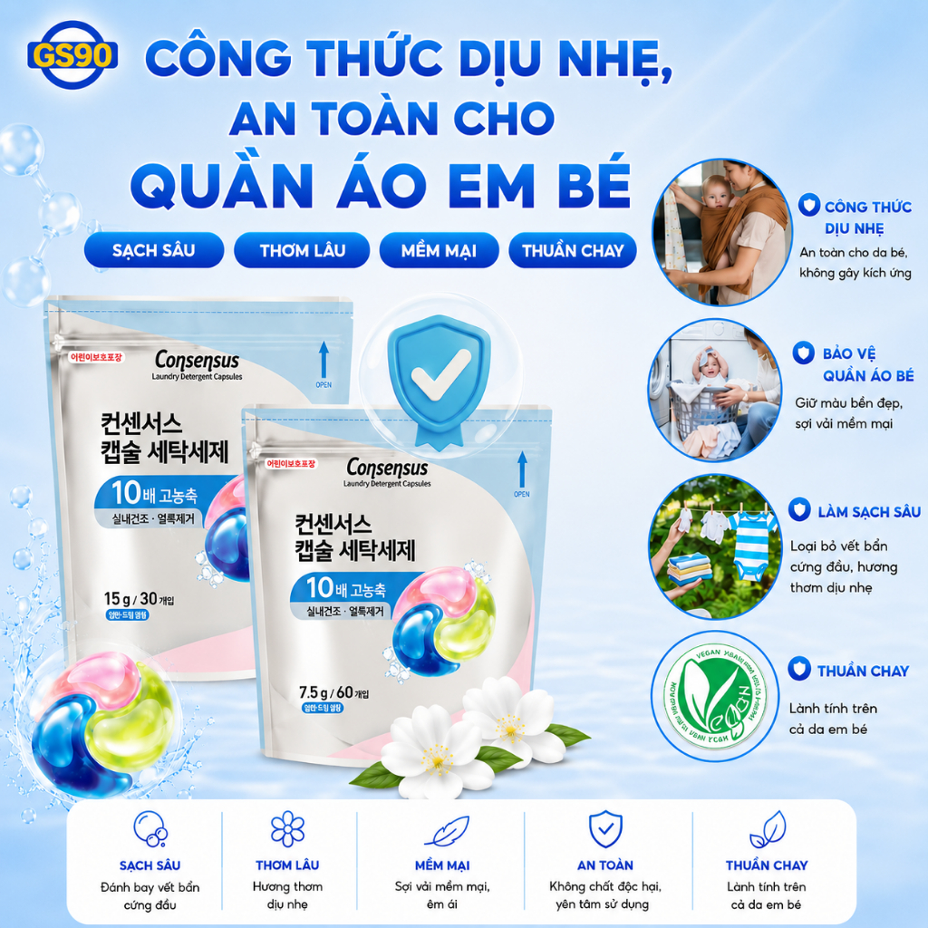 [ƯU ĐÃI THÁNG 7] Viên Giặt Xả Consensus Hàn Quốc Thuần Chay 30/60 Viên, Cho Em Bé, Gấp 10 Lần Sạch, Dịu Nhẹ Da Nhạy Cảm