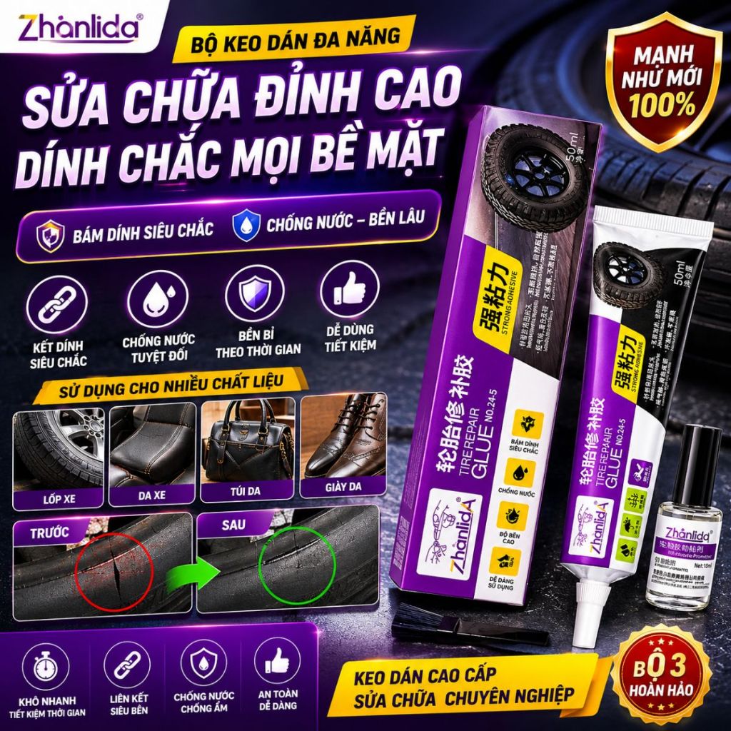Keo vá lốp xe không săm Zhanlida keo dán lốp siêu chắc chống rò rỉ vá nhanh không cần ra tiệm 50ml