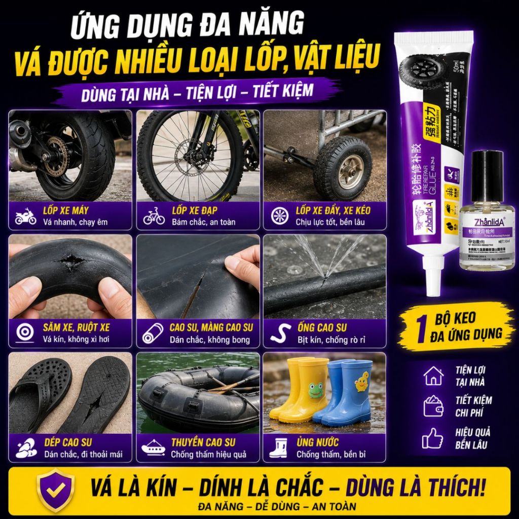Keo vá lốp xe không săm Zhanlida keo dán lốp siêu chắc chống rò rỉ vá nhanh không cần ra tiệm 50ml