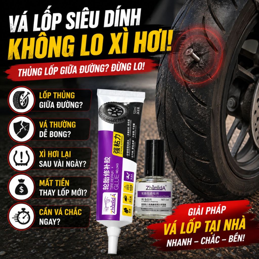 Keo vá lốp xe không săm Zhanlida keo dán lốp siêu chắc chống rò rỉ vá nhanh không cần ra tiệm 50ml