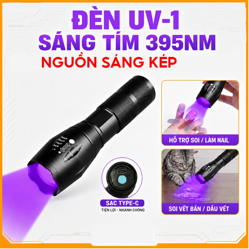 Đèn Tia Cực Tím 2 Màu , Đèn UV 395nm cổng sạc Type-C UV-1 ( kèm thẻ UV )