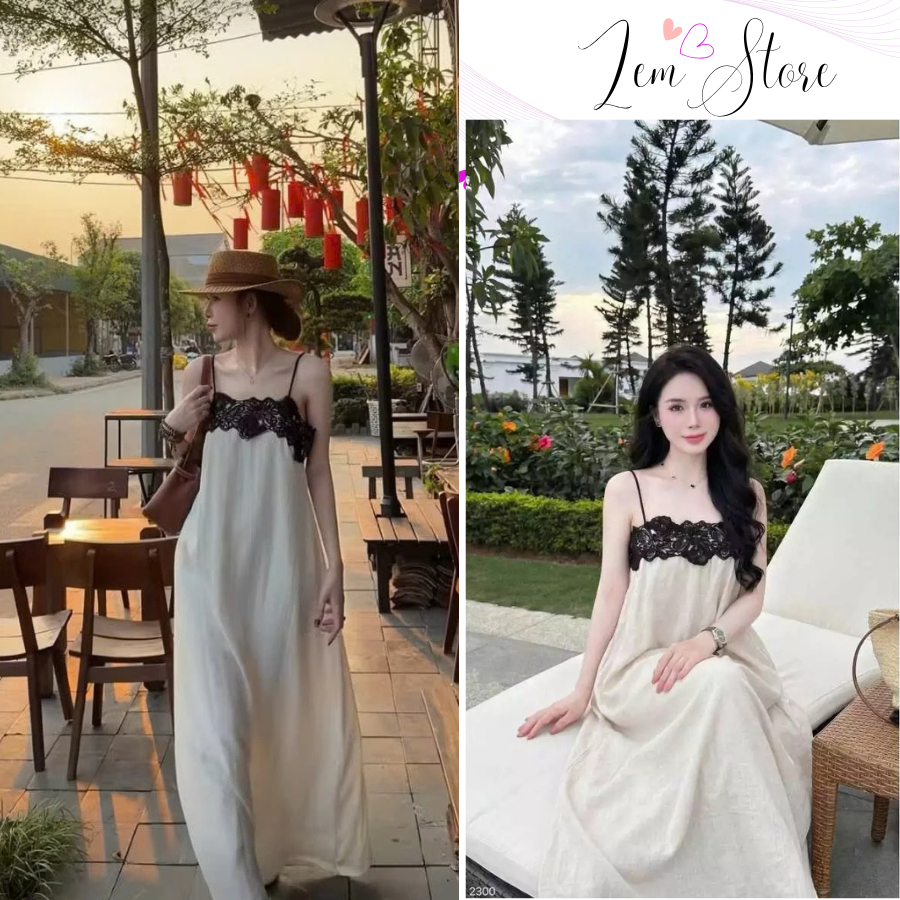 (Sẵn Hỏa Tốc) Váy Maxi 2 Dây Phối Ren, Váy Đũi Viền Ren Dáng Suông Dài Chất Mềm Mại Đi Biển Đi Chơi Siêu Xinh