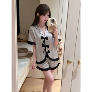 Pijama Nữ Tay Ngắn Phối Nơ Cực Xinh, Bộ Đồ Ngủ Lụa Lantin Kiểu Dáng Tiểu Thư Hàn Quốc CC04
