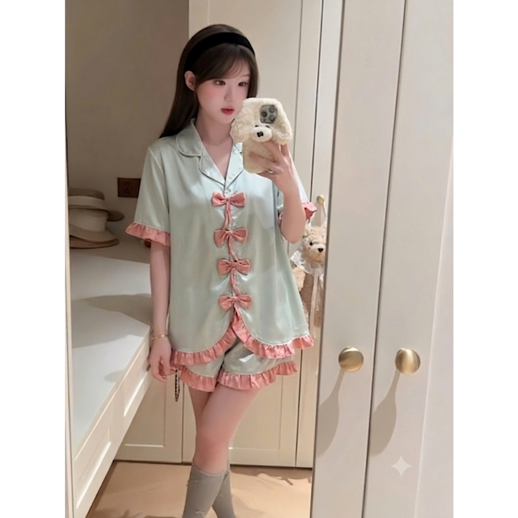 [40-60kg] Pijama Nữ Tay Ngắn Phối Nơ Cực Xinh, Bộ Đồ Ngủ Lụa Lantin Kiểu Dáng Tiểu Thư Hàn Quốc CC04
